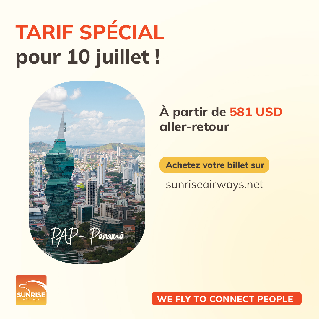 SunriseAirways's tweet photo. Enjoy our limited-time fare valid on July 10.

Port-au-Prince ✈️ Panama: starting at 581 USD round trip

Hurry up! Book now on https://t.co/UBGNS102NI

#sunriseairways #OneCaribbean #offer #flashoffer #panama #WeFlyToConnectPeople https://t.co/7ADl3URLqo