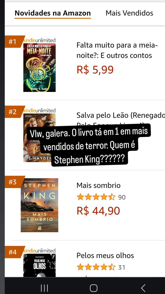 WaldirLSantos's tweet photo. Claro que é só uma brincadeirinha, mas não dá para não se orgulhar quando um lançamento nacional ocupa essa posição no ranking. Obrigado aos leitores, a literatura nacional só ganha!

#livros #ler #autoresnacionais #livrosnacionais #ler #leiamais https://t.co/xMx2eQyRbs