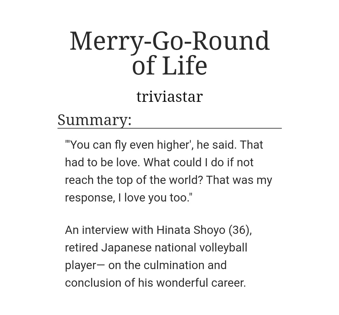 tsuruene's tweet photo. to my kagehina oomfs, i present you a fic (interview with retired volleyball player shoyo who is very in love with tobio)

2.5k, #kagehina

https://t.co/16a0G2O3TC https://t.co/dA0m3xVI1n