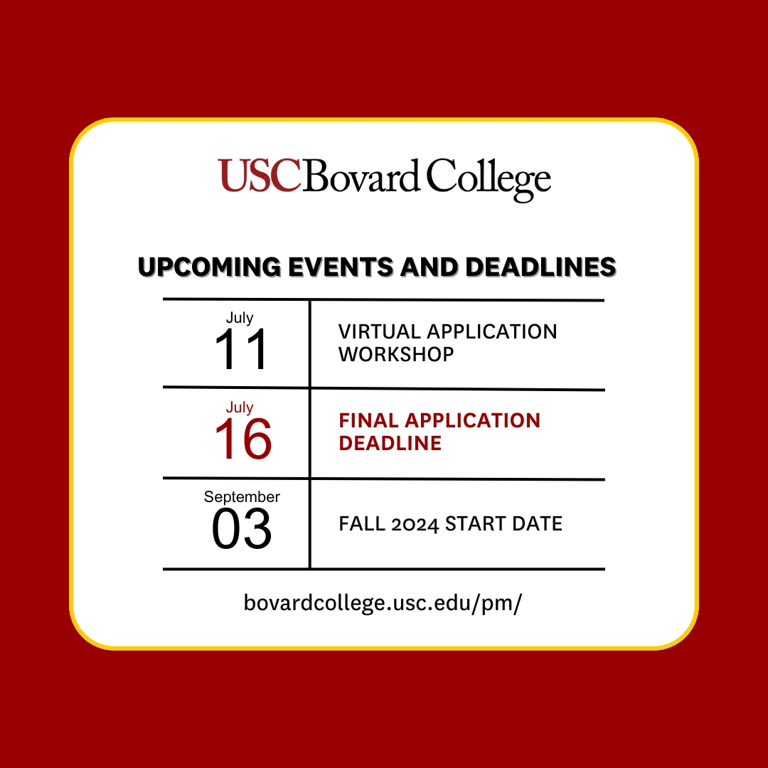 USC_MSPM's tweet photo. The Final Application Deadline is approaching! Apply by July 16 to start your MS in Project Management in September. https://t.co/WWqYHkvUTH