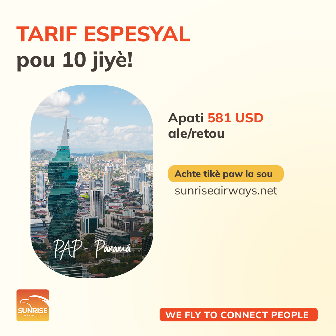 SunriseAirways's tweet photo. Enjoy our limited-time fare valid on July 10.

Port-au-Prince ✈️ Panama: starting at 581 USD round trip

Hurry up! Book now on https://t.co/UBGNS102NI

#sunriseairways #OneCaribbean #offer #flashoffer #panama #WeFlyToConnectPeople https://t.co/7ADl3URLqo