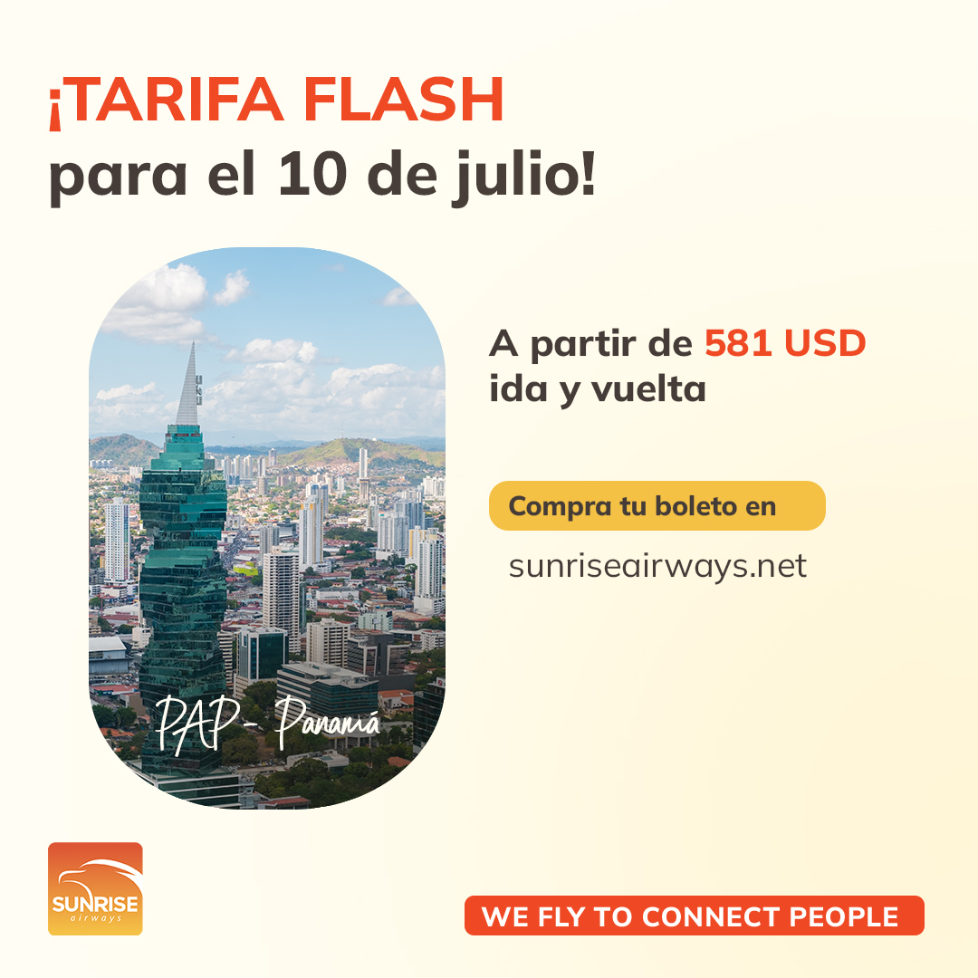 SunriseAirways's tweet photo. Enjoy our limited-time fare valid on July 10.

Port-au-Prince ✈️ Panama: starting at 581 USD round trip

Hurry up! Book now on https://t.co/UBGNS102NI

#sunriseairways #OneCaribbean #offer #flashoffer #panama #WeFlyToConnectPeople https://t.co/7ADl3URLqo