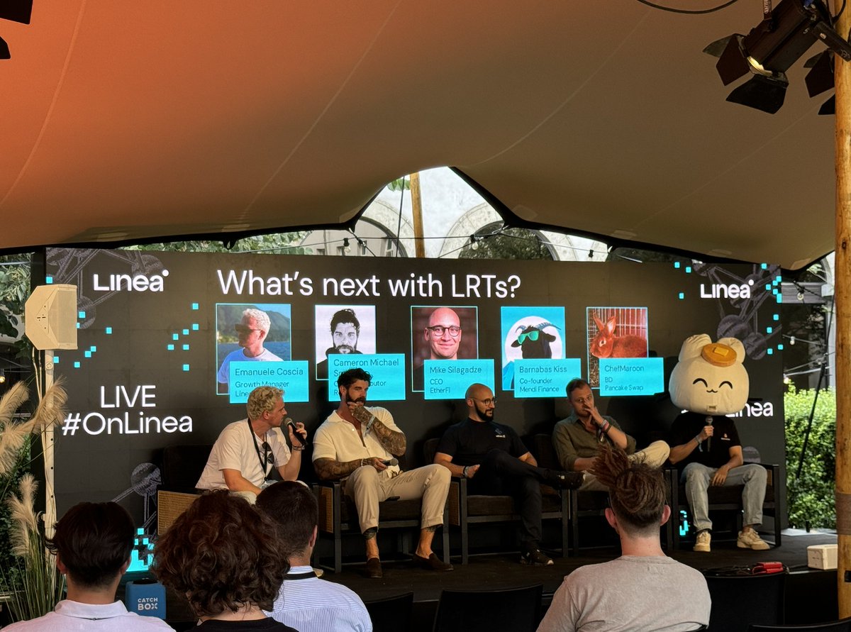 PancakeSwap's tweet photo. Swapping ideas and discussions at @LineaBuild’s LIVE #OnLinea event at #ETHCC! 🇧🇪

We had a great time discussing with Renzo, EtherFi, and Mendi on DeFi advancements in the Linea DeFi ecosystem! 

Shoutout to the @LineaBuild team for having us 🩵 https://t.co/Mggf6gsZ86