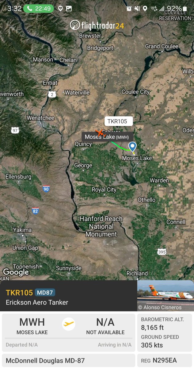 Borrowed7Time's tweet photo. Erickson Aero Tanker MD-87 N295EA #A30872 as TKR105 out of Moses Lake, en route to the #ShooflyFire
@Wa_fire_watch https://t.co/rtVslx00Wv