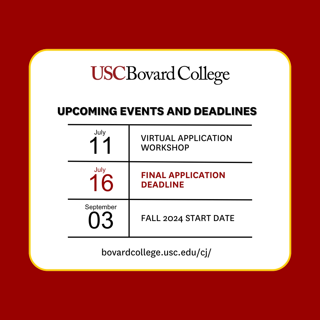USC_MSCJ's tweet photo. The Final Application Deadline is approaching! Apply by July 16 to start your MS in Criminal Justice in September. https://t.co/okCH4DbwHM