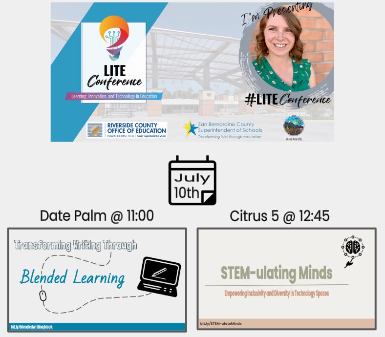 T_Barraza93's tweet photo. So excited for the #LITEconference!
Join me in Date Palm @ 11:00 am for "Transform Student Writing through Blended Learning".
I'll also be in Citrus 5 @ 12:45 pm for "STEM-ulating Minds Empowering Inclusivity & Diversity in Technology Spaces"
@RCOE @IACUE https://t.co/3gIDyufS3I