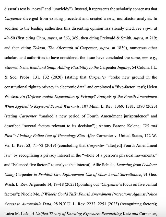 I'll have more to say about the 4th Circuit's ruling in Chatrie, but I am grateful for the dissent's extensive citations to my work, and proud to be in the company of <a href="/paulohm/">Paul Ohm</a> and <a href="/SFreiwald/">Susan Freiwald</a> among others
(h/t <a href="/OrinKerr/">Orin Kerr</a>)