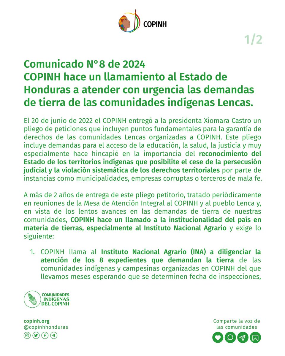 COPINHHONDURAS's tweet photo. #COMUNICADO| #COPINH hace un llamamiento al Estado de #Honduras a atender con urgencia las demandas de #tierra de las comunidades #indígenas #Lencas. ‼️
¡Defendemos nuestros #territorios que son nuestra vida!✊
🔗Más información: https://t.co/Tf2Rlm9g9T https://t.co/Dn2BN1HLOU