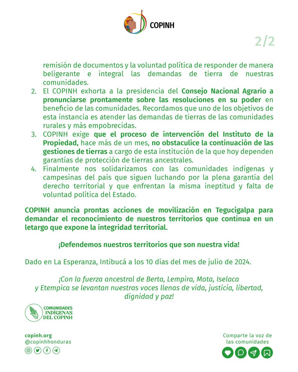 COPINHHONDURAS's tweet photo. #COMUNICADO| #COPINH hace un llamamiento al Estado de #Honduras a atender con urgencia las demandas de #tierra de las comunidades #indígenas #Lencas. ‼️
¡Defendemos nuestros #territorios que son nuestra vida!✊
🔗Más información: https://t.co/Tf2Rlm9g9T https://t.co/Dn2BN1HLOU