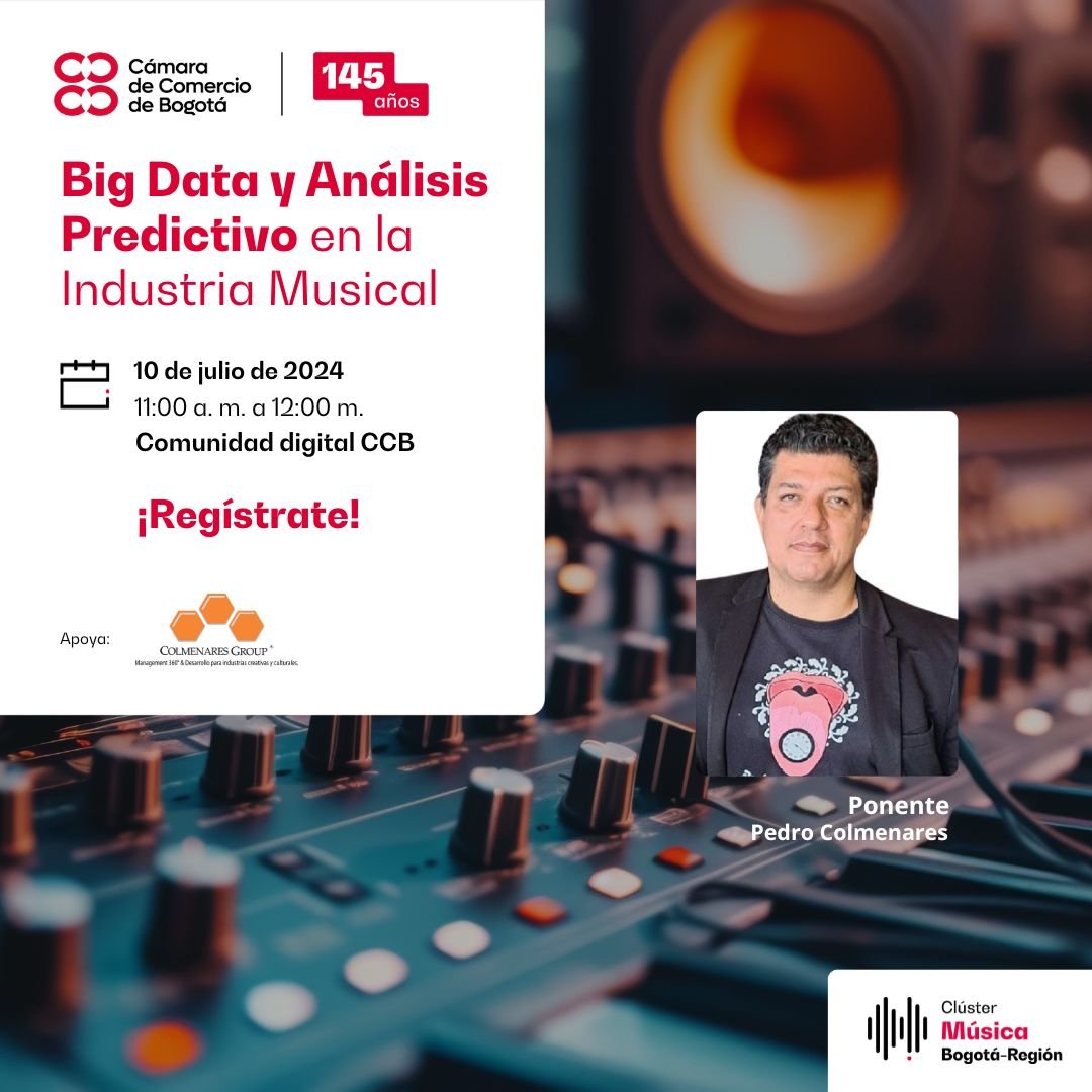 pcolmenares's tweet image. Mañana a las 11 am hora Colombia, voy la tercera de mis charlas con @camaracomerbog y el #clusterdelamusica sobre temas de #innovacion en la industria musical, esta será sobre la #data y sus implicaciones. Se pueden registrar y asistir online.

comunidaddigital.ccb.org.co/index/events/1…