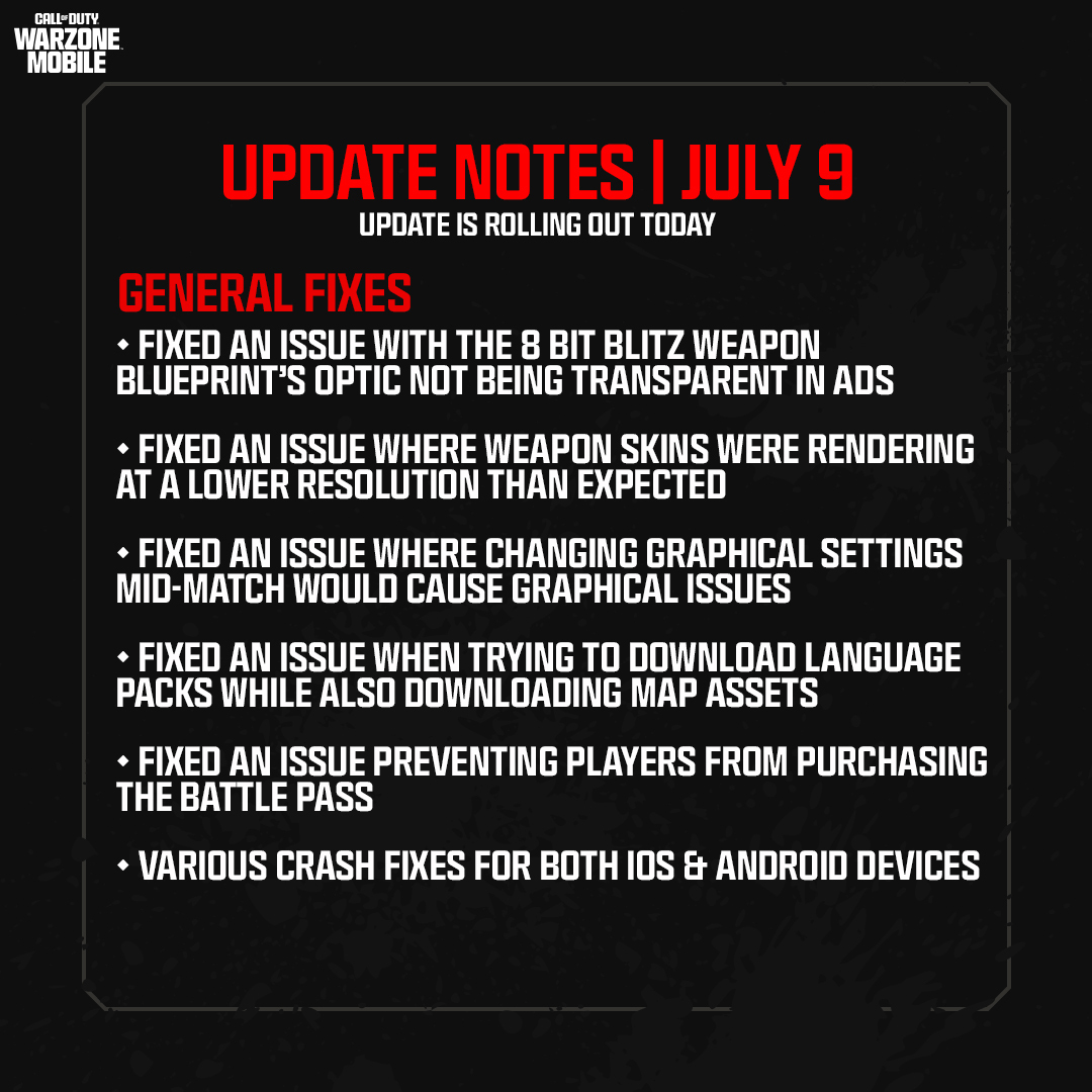 WarzoneMobile's tweet photo. 🆕⚒️ An update for Call of Duty #WarzoneMobile has been deployed to all users that helps with game stability and other various fixes. https://t.co/grylUzTDyb