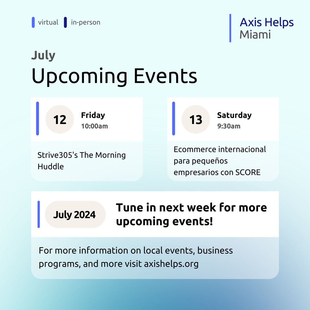 👀 have ya'll checked our calendar this week?

Well if you haven't, here's your sign! We have some great events from @SCOREmentors, <a href="/FSBDCatFIU/">Florida SBDC at FIU</a> and the #Strive305 initiative from <a href="/MayorDaniella/">Daniella Levine Cava</a>.

visit: axishelps.org/calendar for more!