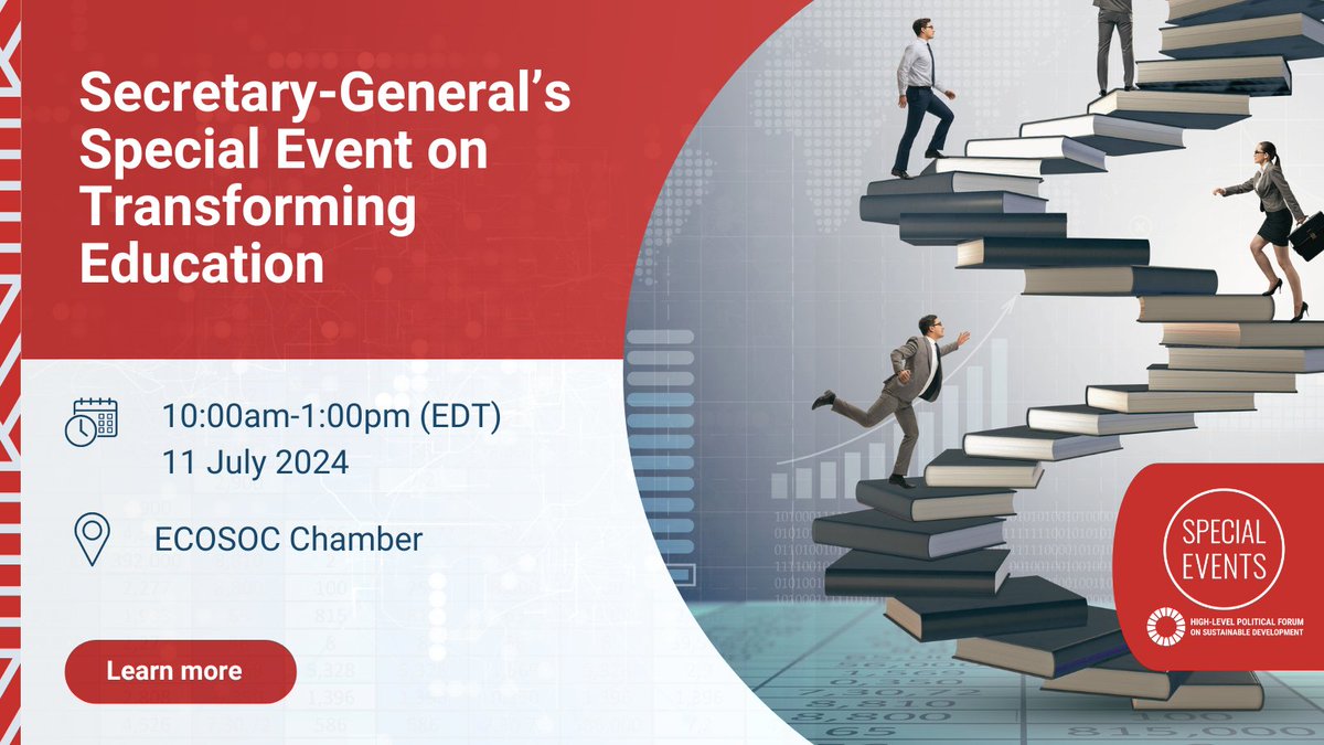📢 Mark your calendars! On July 11, the Special Event on Transforming Education will bring global leaders together to spur greater commitment to education transformation. Stay tuned! #GlobalGoals #HLPF2024 sdgs.un.org/events/special…