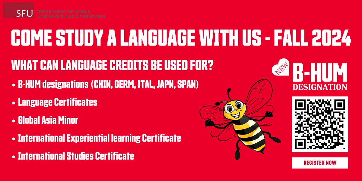 SFUWLL's tweet photo. SFU Fall 2024 early registration is now open!

Come study a language with us!

- Develop intercultural skills
- Fulfill your B-Hum designation
- Be equipped for Canada’s multilingual workspace
- Sharpen your mind and enhance your memory
- Make new friends and much, much more! https://t.co/I2VV2vOnrC