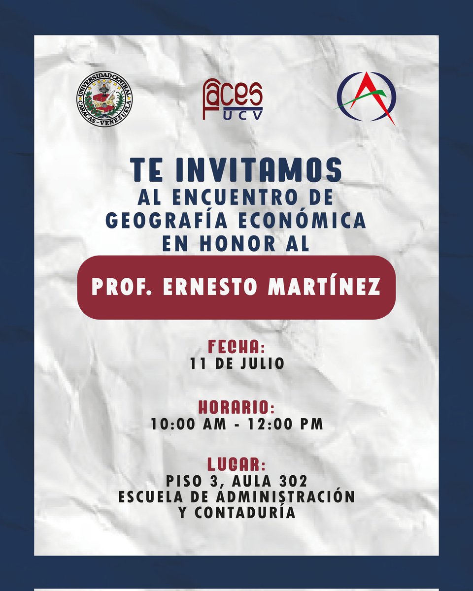 Con gran alegría y orgullo, nos complace informarles que nos reuniremos para celebrar el "Encuentro de Geografía Económica" en honor al profesor (Dr) Ernesto Martinez.  

¡No te pierdas la oportunidad de participar en nuestro emocionante evento! 

#UCV #EAC #GeografíaEconómica