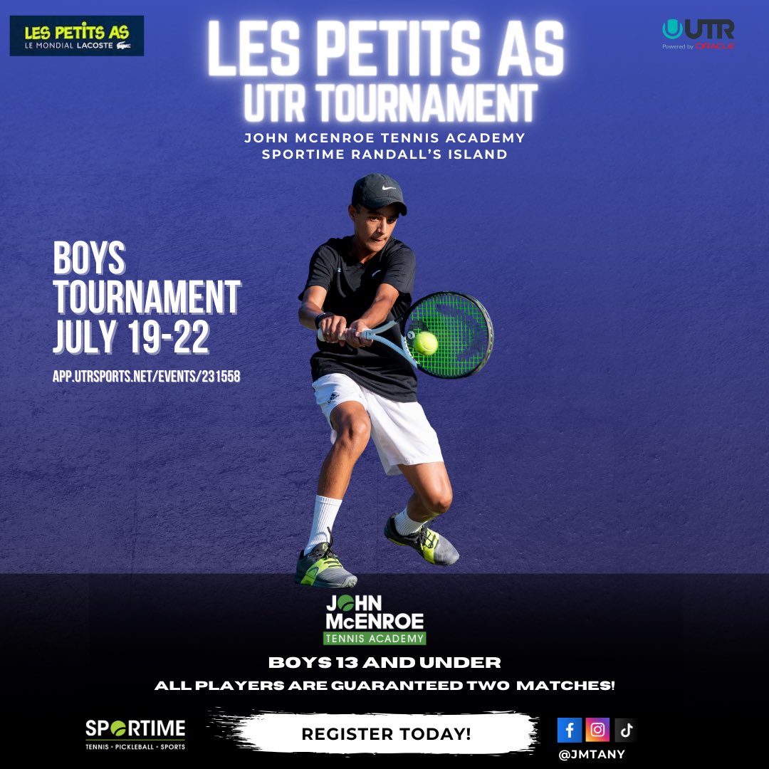 Les Petits As is the world’s most prestigious junior tournament and it’s coming to Randall’s Island from July 19-22! 🎾🌟

The tournament is open to boys ages 13 and under and all players are guaranteed two matches! 🔥

To register, visit app.utrsports.net/events/231558

#JMTA #Sportime