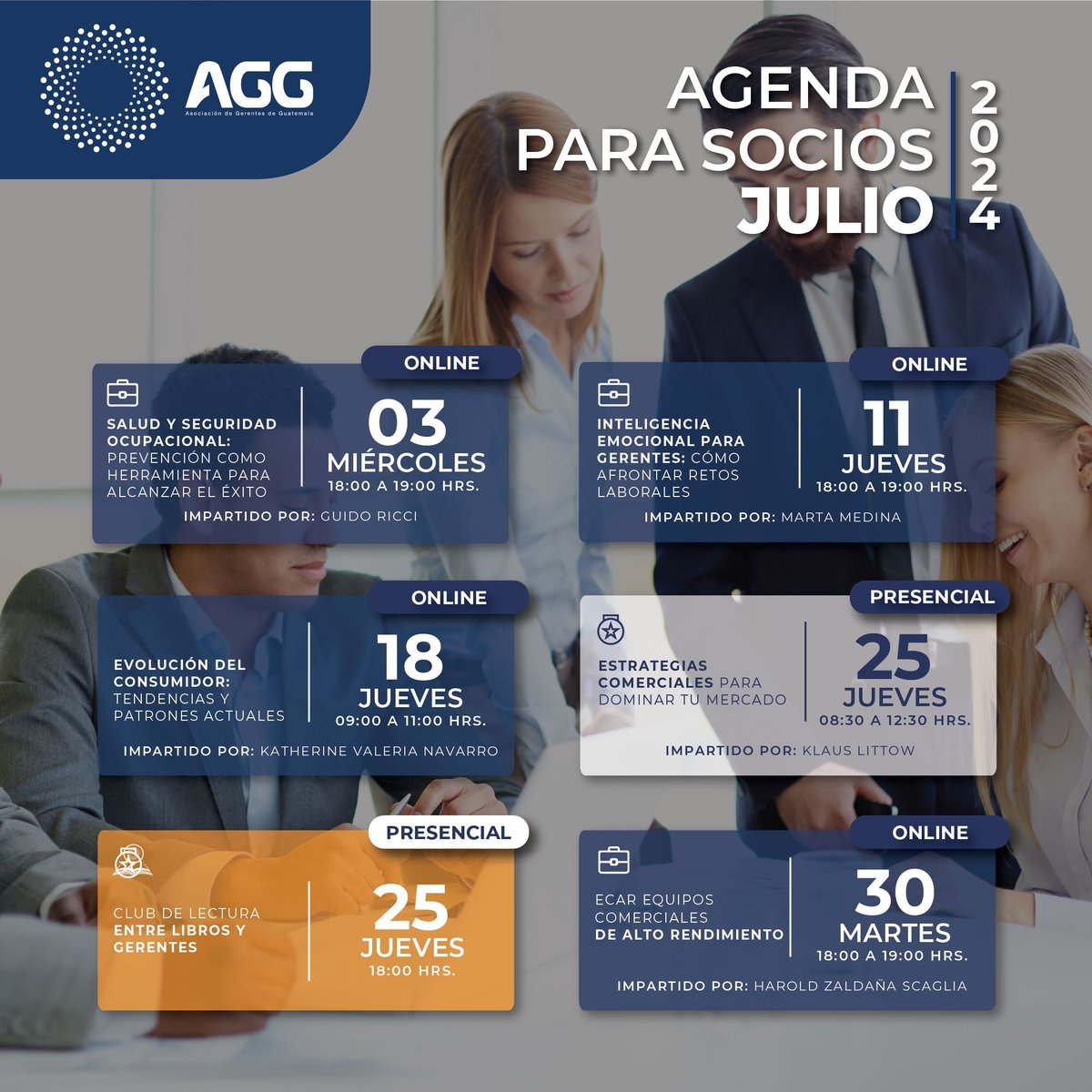 AGGuatemala's tweet photo. 📌 Agenda de socios Julio | ¡No te puedes perder las actividades preparadas para ti este mes!
✅Si eres socio, regístrate aquí sin costo: https://t.co/J7ckur2ztg
#SoyGerente #SoyAGG #AGG65 https://t.co/heQiahjDsR