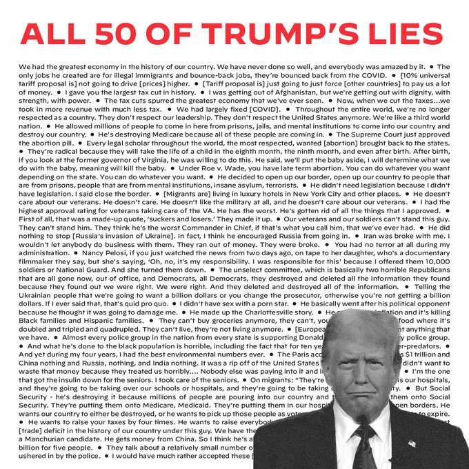 A graphic with a image of Donald Trump in black and white on the bottom right corner, the graphic shows all 50 lies that Trump told at the debate on June 27th.