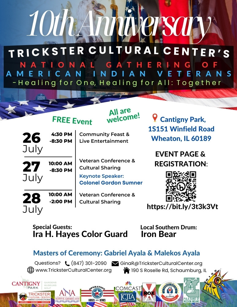 chicagocultural's tweet photo. The 10th Anniversary of the “National Gathering of American Indian Veterans event honors #veterans &amp; military personnel of all cultures, eras and branches in a #Native Way that is open to all (7/26-7/28). Event info: https://t.co/SbociwNjBf https://t.co/F8cxgIXENj