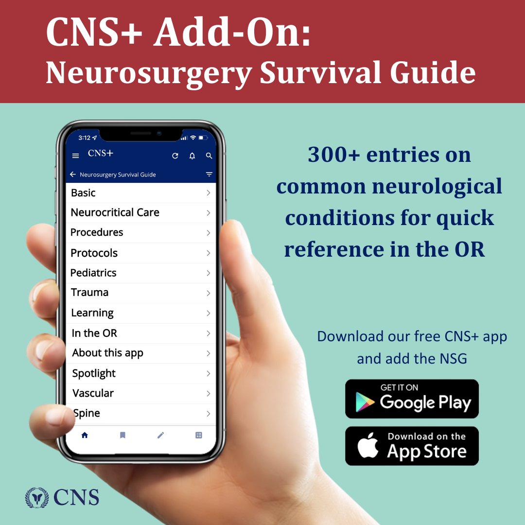 CNS_Update's tweet image. Add the Neurosurgery Survival Guide to  your CNS+ app! For only $6.99, you will gain access to 300+ entries on common #neurological conditions right at your fingertips for quick reference in the OR. Download our free CNS+ App &amp;amp; add NSG today: cns.org/app 
#CNSApp #NSG