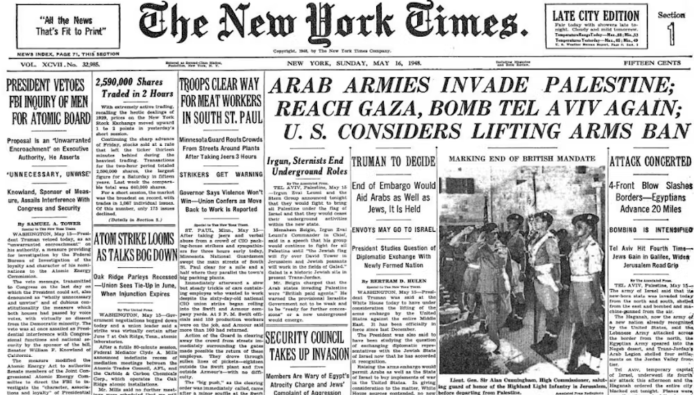 VerminusM's tweet photo. People are confused about who invaded Palestine in 1948. At the time, there was no confusion... https://t.co/Slpetua3Xj