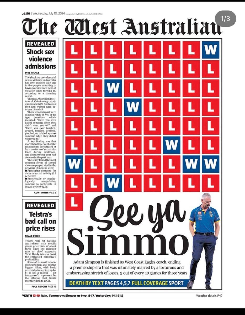 Dusty14WM's tweet photo. @westaustralian this is a fucking disgraceful front page. But would you expect anything more from this absolute rag of a “newspaper”. When was the last time you guys got a “W” by the way? Complete gutter journalism from sensationalist cunts. https://t.co/R2tpQmuO0E