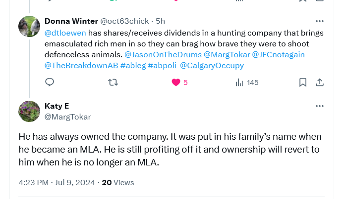 ~MORE RE: Conflict of interest much?  

"The UCP have made it legal to shoot grizzly bears." 

Todd Lowen, UCP Minister of Parks&amp;Forestry owner/shareholder of Red Willow Outfitting, amended the Wildlife Act that this business will profit by.

x.com/CalgaryOccupy/…