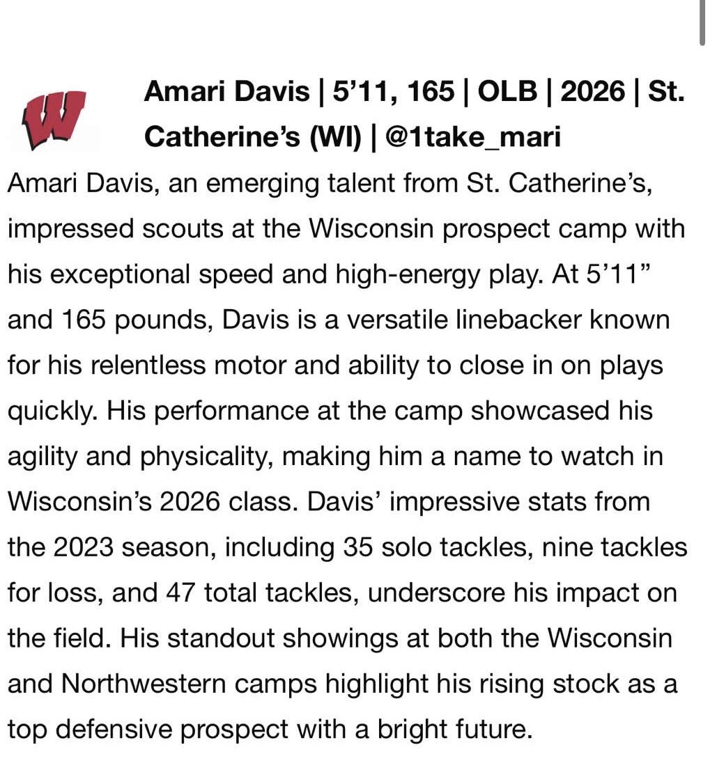 I want to give a huge thankyou to <a href="/BadgerFootball/">Wisconsin Football</a> for the opportunity to attending this camp and also big shoutout to <a href="/sixstarfootball/">Six Star Football | PLUS+</a> for the write up!

<a href="/MJ_NFLDraft/">Mark Johnson</a> 
<a href="/247recruiting/">247Sports Recruiting</a> 
<a href="/TroyCollier_II/">Mr.Troy / Coach Collier</a> 
<a href="/StCatsFootball/">St. Cat's Football</a> 
<a href="/s_mcauliffe/">Coach McAuliffe</a> 
@travisWSN 
<a href="/WisFBRecruiting/">Wisconsin Badgers Football Recruiting</a> 
<a href="/CoachMikeTress/">Coach Mike Tressel</a>