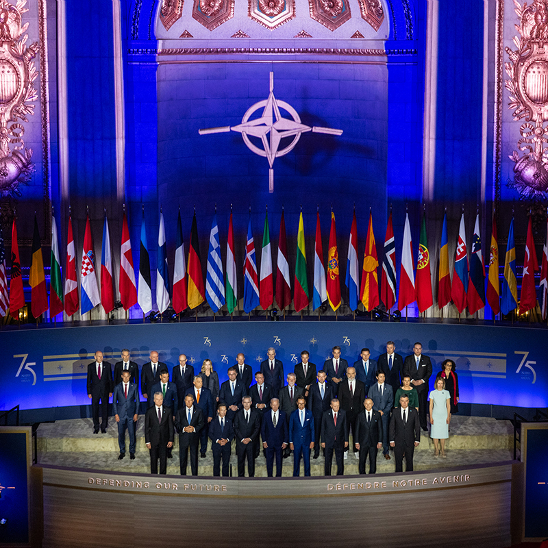 NATO's tweet photo. Gathering at the Mellon Auditorium, where the North Atlantic Treaty was signed in 1949, NATO Leaders commemorated 75 years of unity, strength, solidarity and resolve.

One for all, and all for one 🛡️

#NATOSummit | #1NATO75years