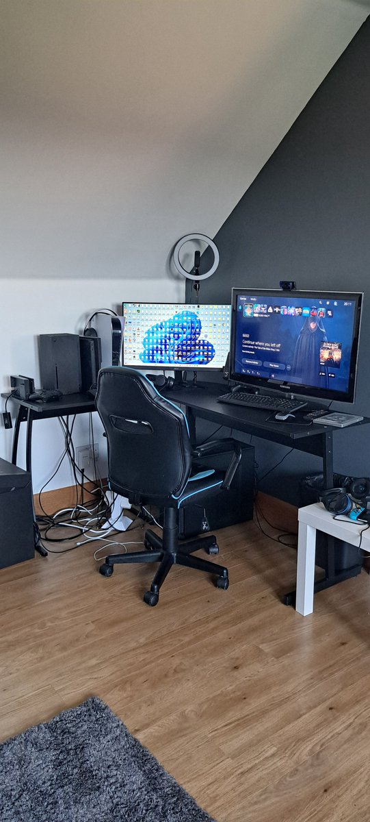 Scotslad1996's tweet photo. Moving back home and being able to still utilize this set up brings me tears of joy <3 no clue what I'd do without it #gamingsetup #ps5 #ps3 #xboxseriesx #pc #nintendoswitch #ps5controller #xboxseriesxcontroller #nintendoswitchcontroller #gamerboy #gaming #gamingchair https://t.co/Iu9CGjVNPt