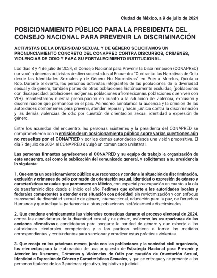 aurel_gt's tweet photo. Hoy entregamos 107 firmas de activistas 🏳️‍🌈🏳️‍⚧️de diversos estados para exigir a @CONAPRED @CMoralesReza emita los pronunciamientos y exhortos necesarios para reconocer y atender las violencias, discriminación y exclusión contra las poblaciones de la diversidad sexual y de género. El #CONAPRED es un logro de la sociedad civil y debe fortalecerse en colectivo con participación ciudadana. Vamos por una nueva Ley General de Prevención, Atención, Sanción, Justicia y Reparación de la Discriminación.