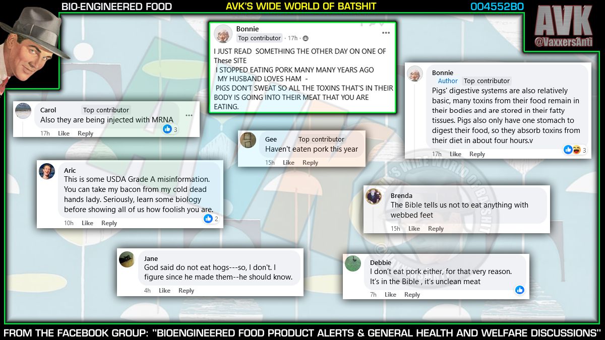 VaxxersAnti's tweet photo. Today's Random Outrage:
Don't eat pork 'cause pigs can't sweat
#bioengineeredfood