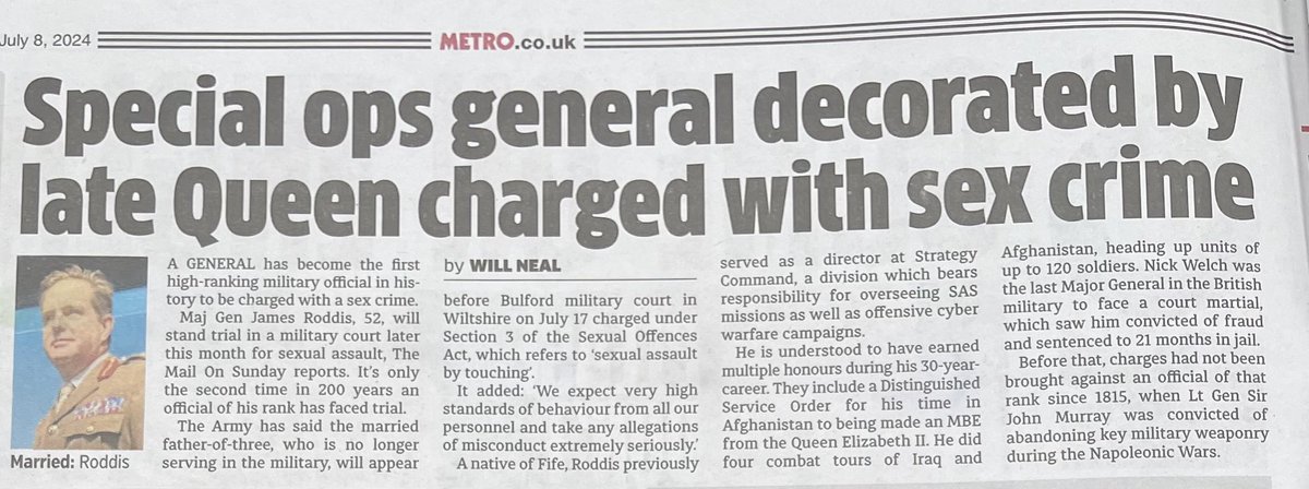 A senior  British military officer in the rank of Major General is facing charge for sex crime. He is the second of his rank in 200 years to be charged for such crime. It shows no one is above the law.