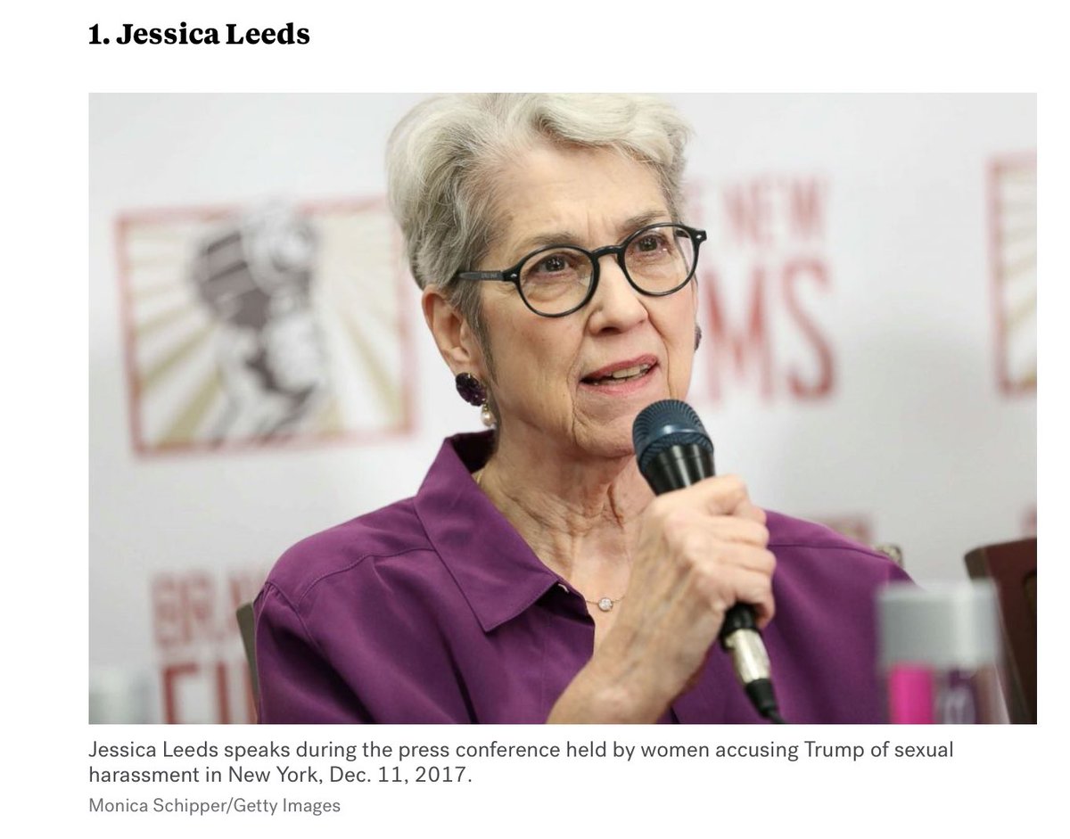 valhuntbeauty's tweet photo. #DemVoice1 #DemsUnited #TrumpIsARapist
Since we’re on the subject of #Donvict being a serial rapist, let’s meet one of his victims, shall we??

#JessicaLeeds alleged that Trump groped her on an airplane in the late 1970s, which the president has repeatedly denied.

￼Beverly Hills MD

Leeds went public in a New York Times article on Oct. 12, 2016 – discussing an alleged decades-old interaction with Trump -- four days after the release of a 2005 “Access Hollywood” recording in which he described women in vulgar terms. The Times article appeared three days after the second presidential debate, during which Trump denied ever kissing or groping women without consent.
Leeds has since reiterated her accusations to ABC News and has repeated it publicly, including at a news conference in December 2017 alongside two other accusers, calling on Congress to investigate the allegations against Trump.
Trump denied the allegations made by Leeds and by Rachel Crooks, another woman who spoke to The New York Times in the same 2016 article. He said "none of this ever took place" and threatened to sue the newspaper for reporting the story. No lawsuit has been filed.
The White House has also pointed to an October 2016 New York Post article in which a British man with a questionable past, including making unsubstantiated claims about British politicians’ behavior in the 1980s, challenged Leeds’ allegations, as an example of how the claims against the president have been refuted by eyewitnesses. The man, Anthony Gilberthorpe, told the paper he had been on the same flight and saw Leeds being “flirtatious.” Her account, he told the Post, was “wrong, wrong, wrong.”
The interview with Gilberthorpe had been arranged by the Trump campaign, the New York Post reported.
Recent Stories from ABC News

Leeds' accusations were the only ones that Trump specifically referenced during his Sept. 27 press conference.
"I've had many false charges; I had a woman sitting in an airplane and I attacked her while people were coming onto the plane. And I have a number-one bestseller out? I mean it was total phony story. There are many of them," Trump said at the press conference.
Trump's first book, "The Art of the Deal," was first published in 1987, which wouldn't have made him a best-selling author at the time of the alleged incident, which Leeds said took place in the late 1970s. ~ @ABC Sept. 18, 2020