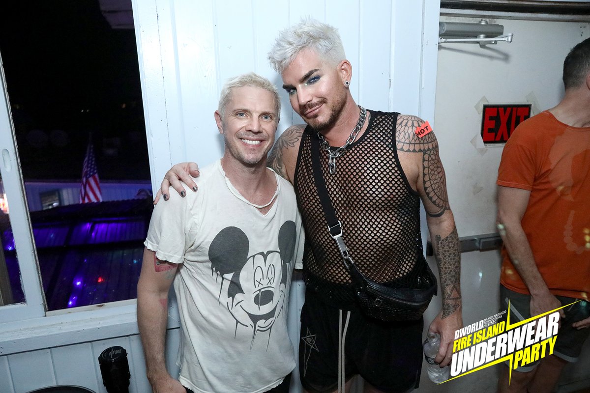 4Gelly's tweet photo. OFFICIAL HQ PHOTOS / @adamlambert looking soooo 🔥🔥😍😍at Fire Island last Friday! His outfit!! 
Event:  DWorld Fire Island Underwear Party w guest DJ Jake Shears.
Adam gave them a taste of his new EP AFTERS
Adam w Jake Shears and w Oliver 😍
https://t.co/Qy3UyA8F7i https://t.co/1j2eTDkuWU