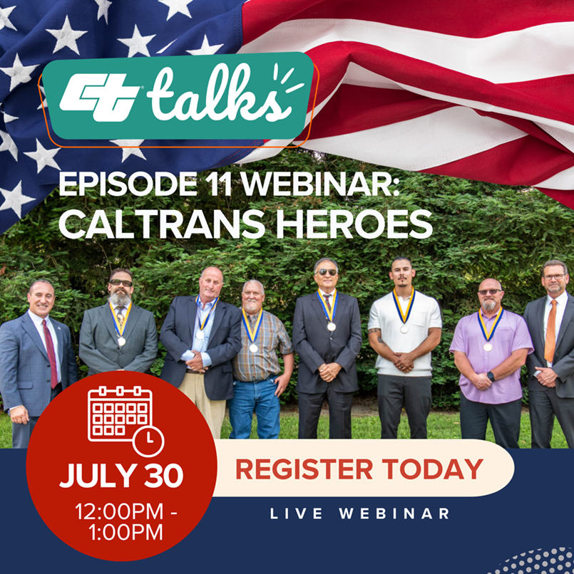 CaltransHQ's tweet photo. CT Talks Episode 11: Caltrans Heroes
📌 Thursday, July 30 • noon
Meet the @CAgovernor's Medal of Valor Award recipients from Caltrans who risked their own safety and lives to rescue someone in need. Open to all!

▶️Register now: https://t.co/8HWktyZdPq

#CTTalks @CA_Trans_Agency https://t.co/2hU8Np7JwU