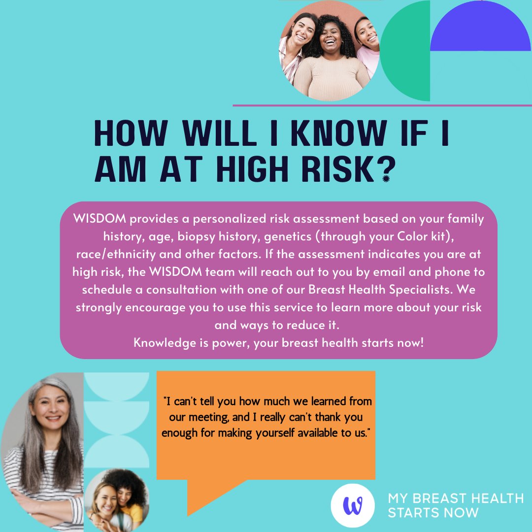 thewisdomstudy's tweet photo. What happens if WISDOM identifies you as high risk for breast cancer? Our Breast Health Specialists offer one-on-one counseling to discuss risk factors, plus screening and prevention options. Join WISDOM! #bcsm #precisionmedicine #joinwisdom https://t.co/DDtMJTg9vx