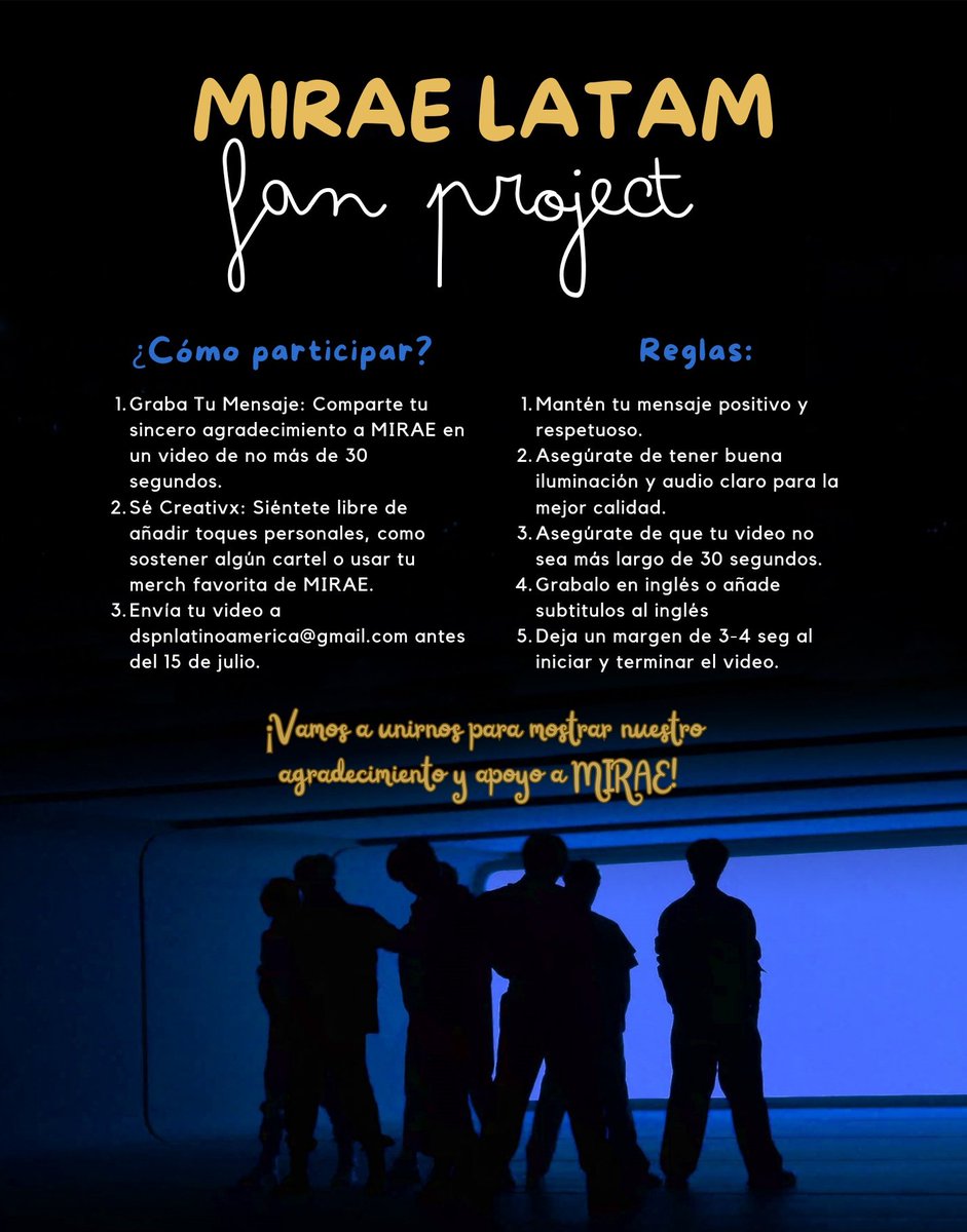 MIRAELATAM's tweet photo. ¡Únete a nuestro último proyecto para MIRAE!

Te invitamos a grabar un breve mensaje en video (máximo 30 seg) para agradecer a MIRAE por su increíble trayectoria y momentos inolvidables.

¡Gracias por tu participación y apoyo!

#MIRAE #미래소년 @official_MIRAE @members_MIRAE https://t.co/V3heD63QYX