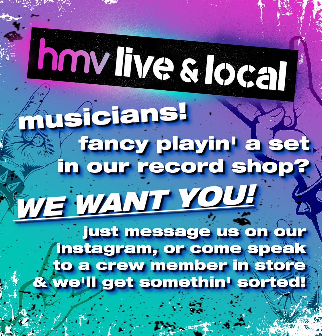 🔊 LOCAL MUSICIANS, WE WANT YOU! 🔊

Fancy playing a set in our record shop upstairs? Any genre, we’d love to have you! Just drop us a message or come speak to one of the crew in store &amp; we’ll get the ball rolling!

#hmvBradford #hmvLiveAndLocal #BD25 #Bradford #Bradford2025