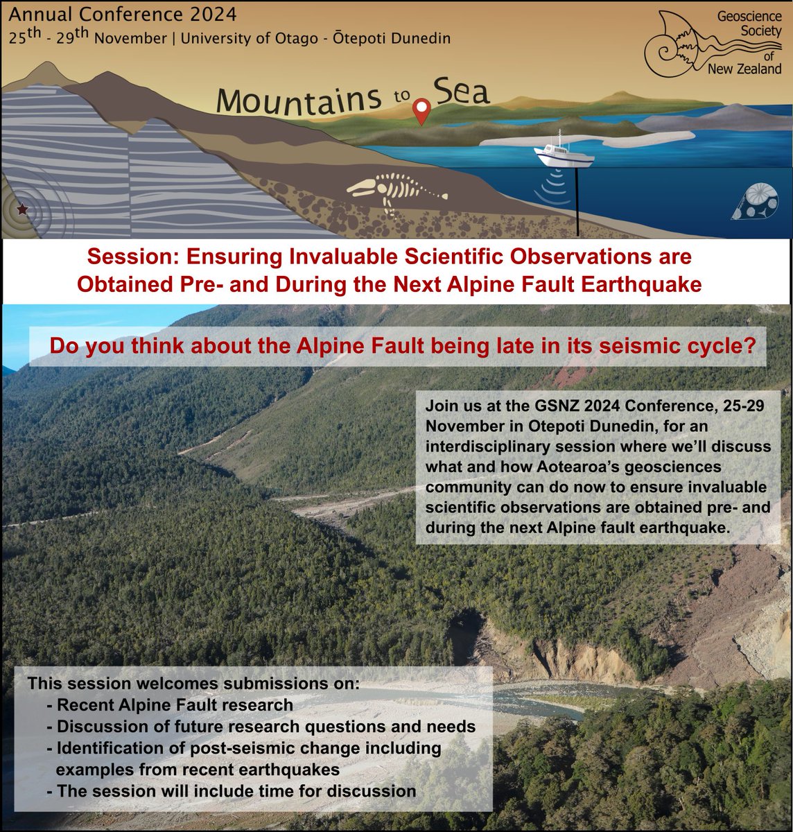 Ensuring Invaluable Scientific Observations are Obtained Pre- and During the Next Alpine Fault Earthquake

Submit your 300 word Abstract to our GSNZ session Now (closes 11th August)
confer.eventsair.com/gsnz2024/call-…

#GSNZ2024 #AlpineFault 

@gpsRuna <a href="/KateClarkEqGeo/">Kate Clark</a>  <a href="/PhaedraU/">Phaedra Upton</a>