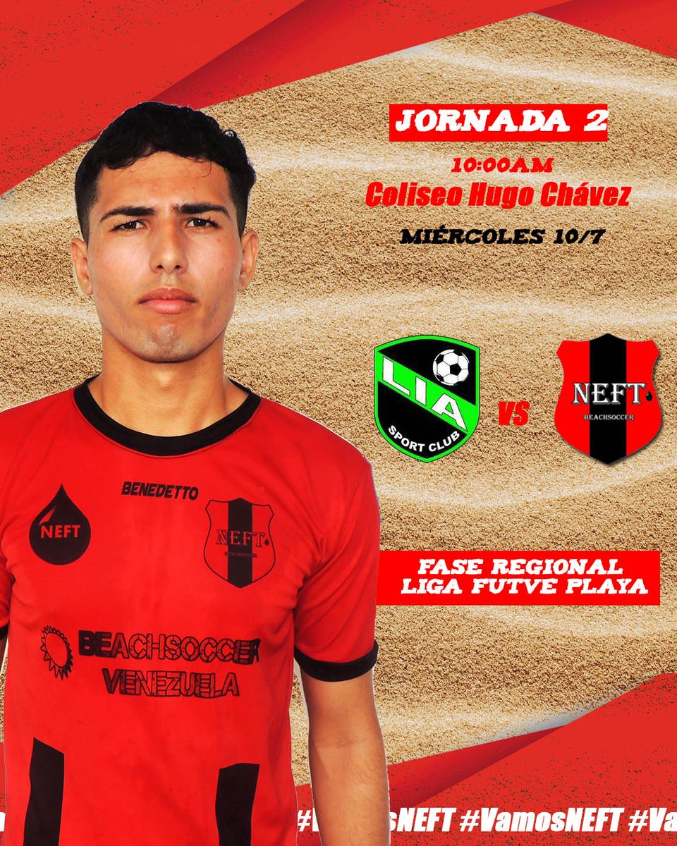 NEFT_BS's tweet photo. 📅 Mañana tendremos nuestra segunda presentación en la Fase Regional de la @LigaFutvePlaya1 ⚽🏖️

🆚 Lia 
⏱️ 10:00AM
🏟️ Coliseo Hugo Chávez

¡Vamos NEFT! ❤️🖤❤️

#BeachSoccerVenezuela #FutbolPlaya https://t.co/23UCtrLxEB