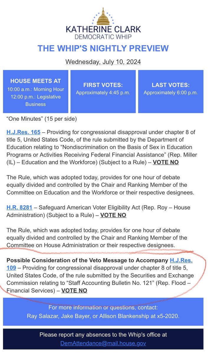 🚨NEW: Dem Whip Katherine Clark recommends that members vote to uphold <a href="/POTUS/">President Donald J. Trump</a>’s veto of H.J. Res. 109.