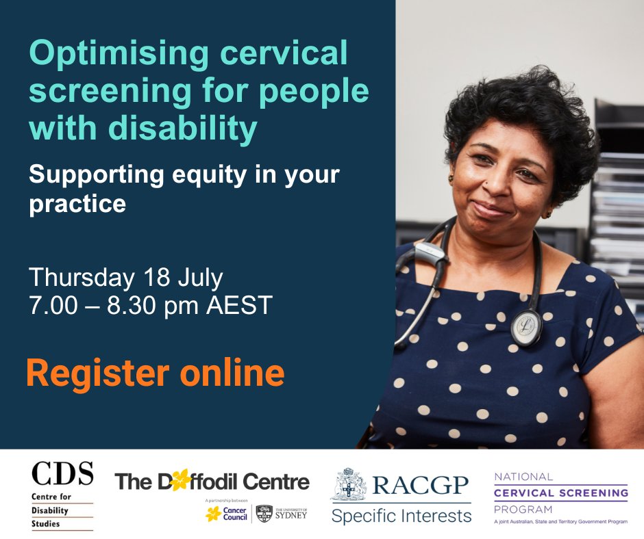 Are you a GP or other health professional? 

Join us for a free webinar: Optimising Cervical Screening for People with Disability. 

Learn strategies to support cervical screening for your patients with disability.

Thu 18 July at 7pm AEST.

Register: url.au.m.mimecastprotect.com/s/jhRQCK1DvKT8…
