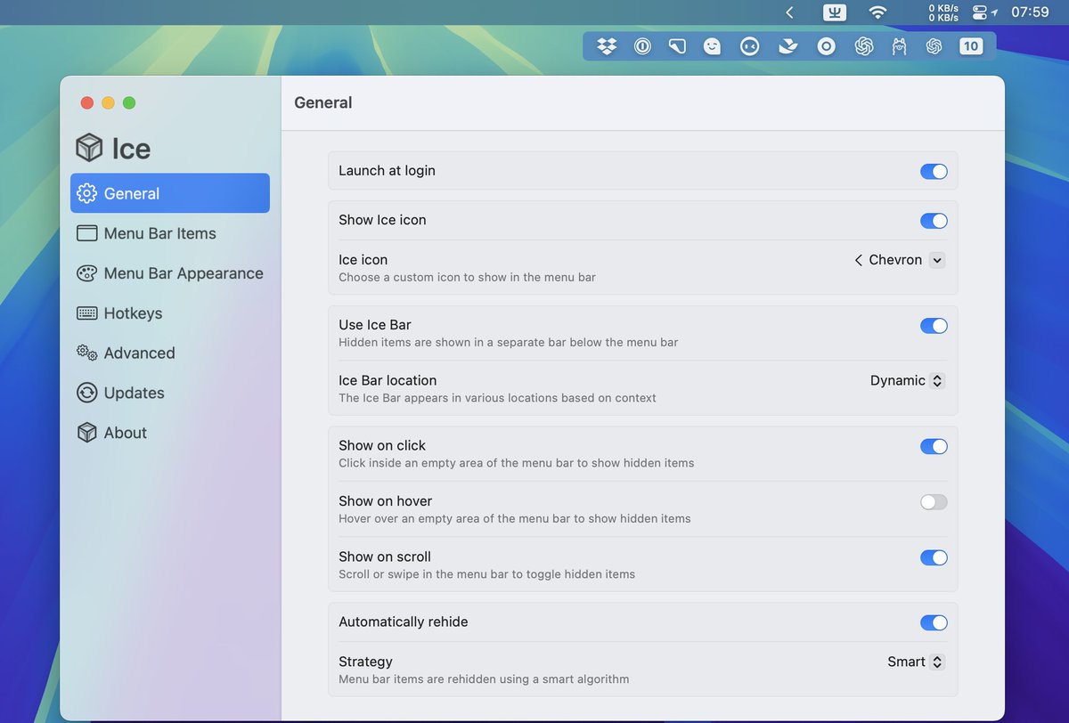 scomper's tweet image. Ice 发布 0.10.1  更新，支持菜单栏图标的悬浮栏显示。github.com/jordanbaird/Ic…