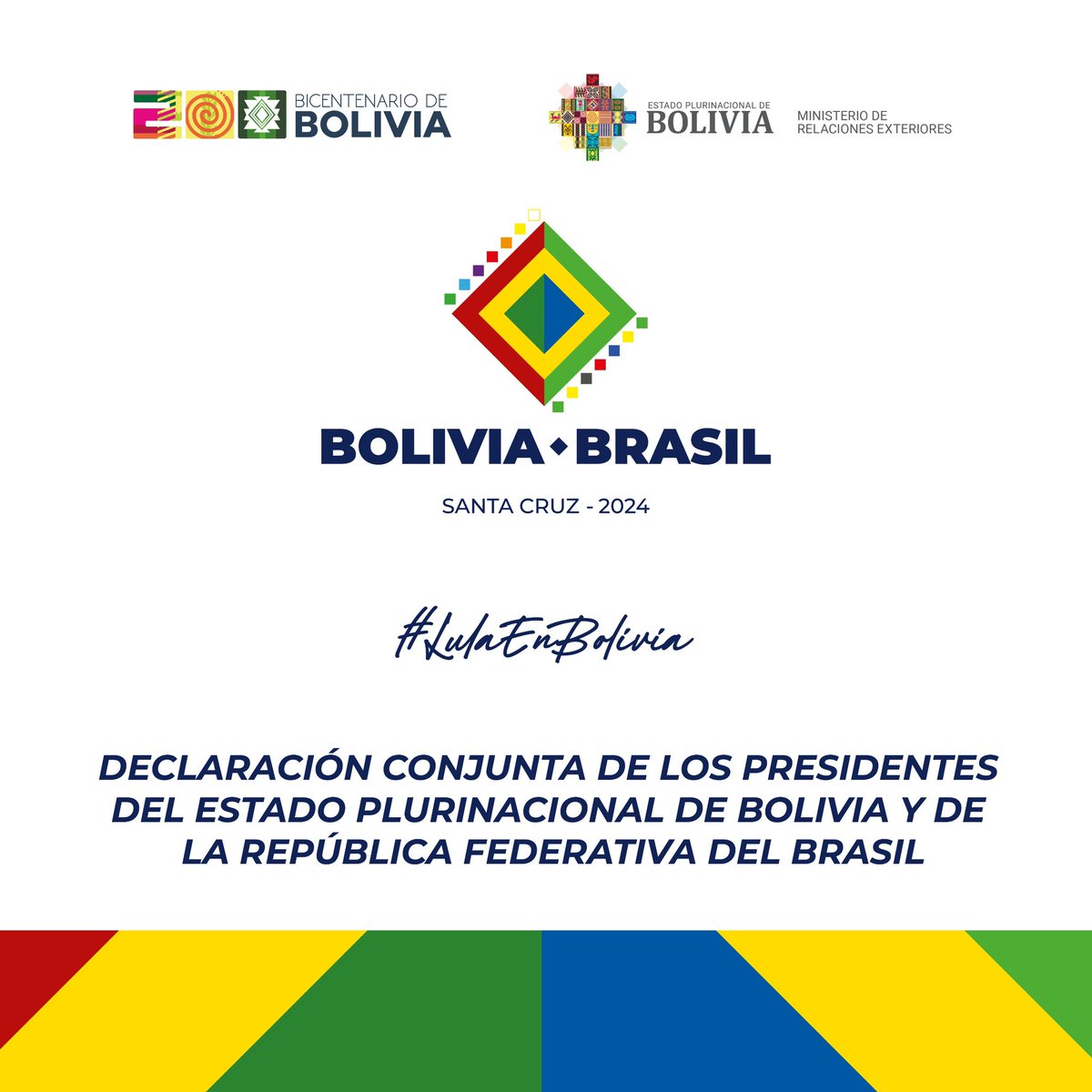 MRE_Bolivia's tweet photo. Declaración Conjunta de los Presidentes del Estado Plurinacional de Bolivia y de la República Federativa del Brasil.
https://t.co/bEwfmOTDag

Santa Cruz, 9 de julio de 2024. https://t.co/zh1DF7DgqI