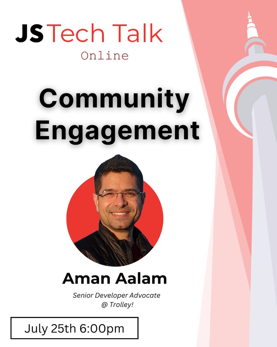 torontojs's tweet photo. 🔙 TorontoJS Tech Talks returns virtually!
We're exploring community engagement with our guest, @AmanAlam, Senior Dev Advocate @ @trolley_hq
Join us for presentations, Q&A, and networking
July 25 on Zoom, RSVP: https://t.co/JpcWKOp6y9
#TorontoJS #TechTalks https://t.co/2N1Wh4p2WR