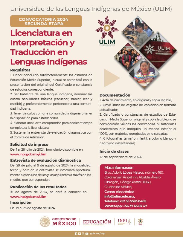 SNTEDUCINDIGENA's tweet photo. #Entérate 2° Etapa de solicitudes de ingreso a la Licenciatura en Interpretación y Traducción en Lenguas Indígenas.
Del 1 al 26 de Julio del 2024 #ULIM
Inscríbete en ➡️https://t.co/J3cIHEuQrD
#NuestraCulturaNuestraIdentidad #MiEducaciónMiDerecho https://t.co/WBjKz0N1Um