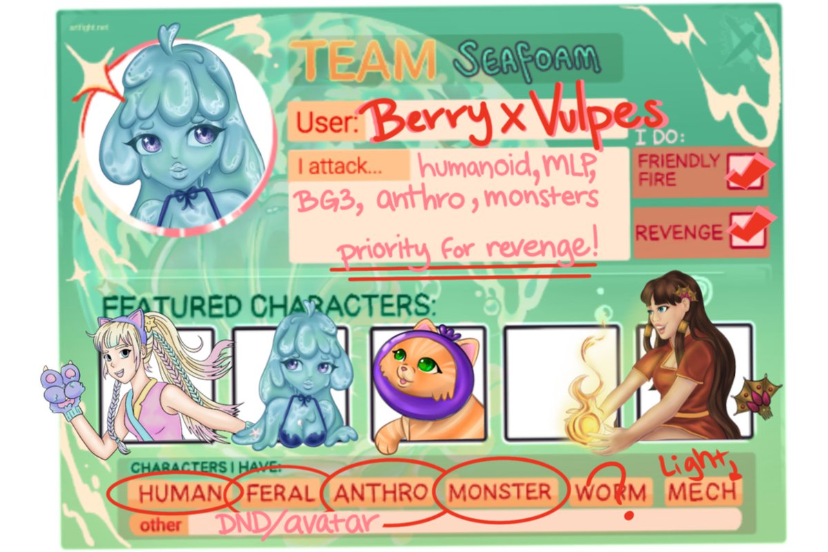 Vulpesune's tweet photo. Here's my #artfight2024 profile with my characters...I don't have many OC's :c sorrwy 💙
#artfight #teamseafoam #DnDcharacter 
Link below:
https://t.co/35KGNJK68e https://t.co/e2wxd7O1H8
