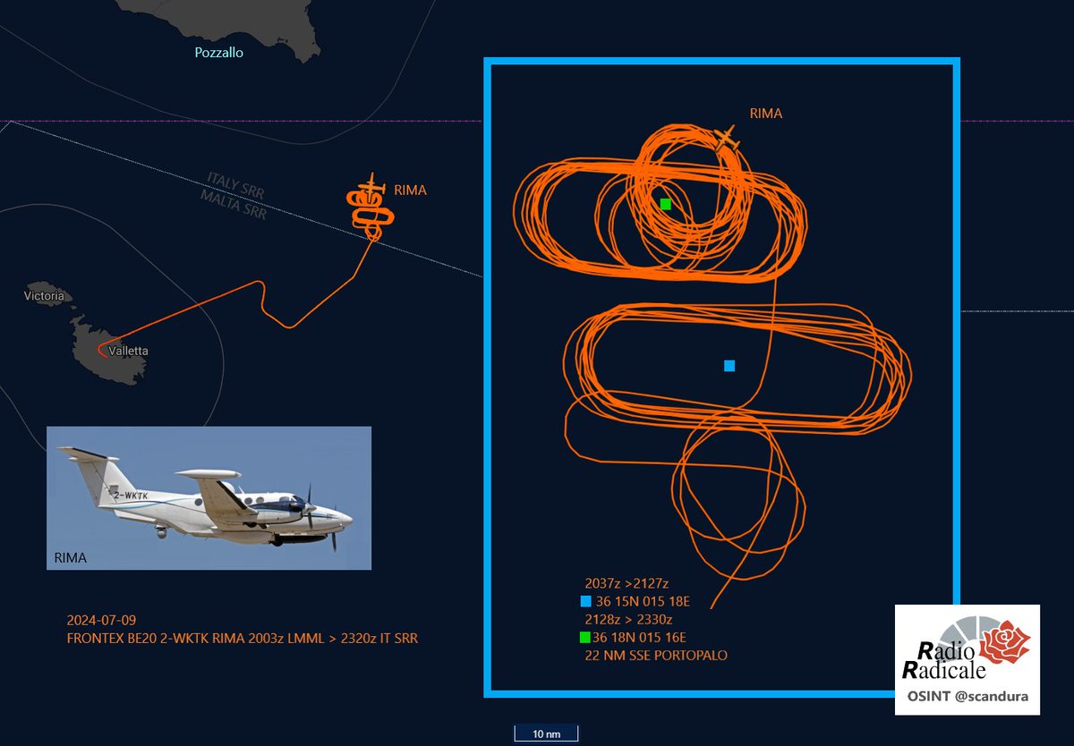 scandura's tweet photo. 3⃣ Aggiornamento OSINT

Il velivolo Frontex, da quattro ore in volo, 🔄 orbita sopra il motopesca con le circa 500 * Persone a bordo.

Decollato alle 22:03 CEST da Malta  il velivolo 🛩️ Frontex 🇪🇺 #Eagle3 sta trasmettendo il callsign #RIMA (Rescue Italian Maritime) di emergenza SAR assegnato da ITMRCC Centro di coordinamento e soccorso della Guardia Costiera⚓️🇮🇹.

Le operazioni SAR, notturne🌙, di evacuazione dei Naufraghi dal motopesca sono ancora in corso (02:00 CEST) a 22 miglia SSE Portopalo.

 🛩️ BE20 2-WKTK RIMA 🇪🇺

(*) Stima iniziale della Capitaneria

Formato orario zulu (UTC) in mappa. Rilevazione e analisi tracciato 01:30 CEST. 

📍OSINT Radio Radicale
