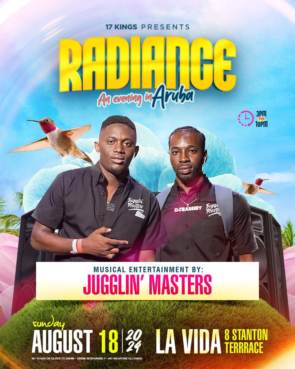 Radiance_Event's tweet photo. 🧡RADIANCE: An Evening in Aruba🇦🇼 

SUNDAY, Aug. 18, 2024
Kingston, Jamaica 🇯🇲
Venue: La Vida @ 8 Stanton Terrace (Pollyanna Caterers)
Music by: @1jugglinmasters
@djinsaneo @ djbarney876_

For updates, follow us on:
IG @ radiance.event
Twitter @ radiance_event https://t.co/8NcICzrrzG